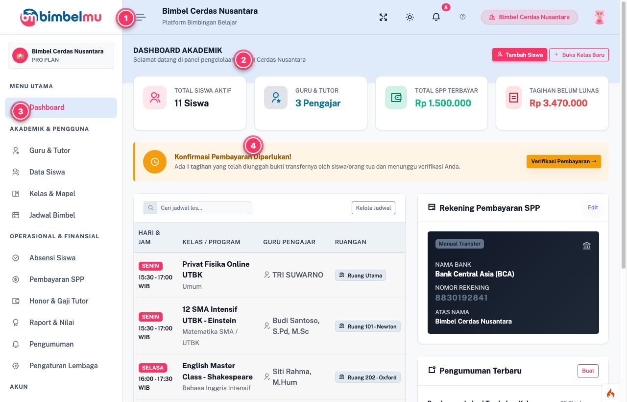 Dashboard Utama Admin Bimbel